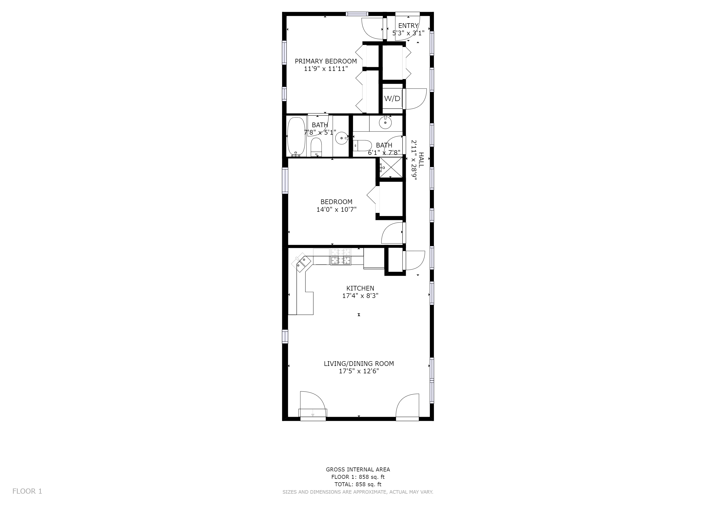 Floor plan for 2 beds, 2 baths, 858 sqft